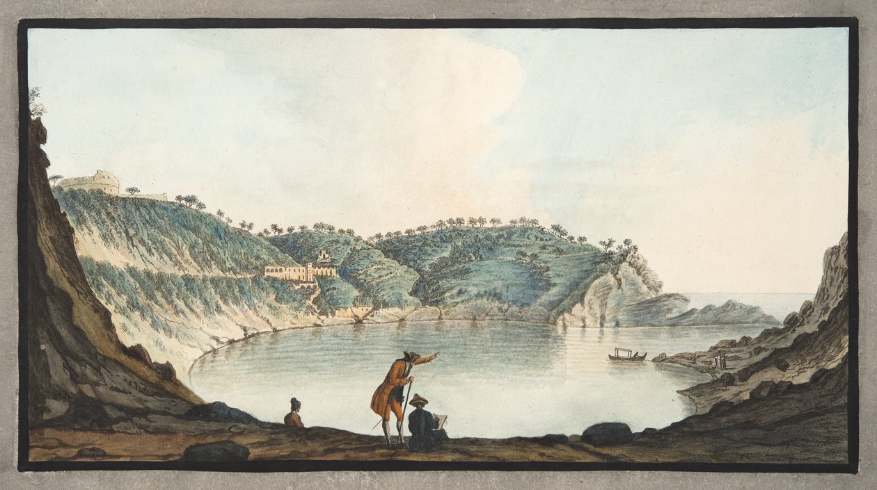 Pohled na Porto Pavone na ostrově Nisida, deska XXII z „Campi Flegrei: Observations on the Volcanoes of the Two Sicilies“, od Sira Williama Hamiltona (1730-1803), vydáno 1776 (ruční barva od Pietro Fabris
