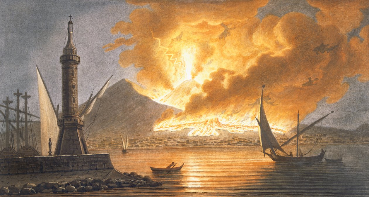 Pohled na velkou erupci Vesuvu z neapolského krtka v noci 20. října 1767, deska 6 z „Campi Flegrei: Pozorování sopek na dvou Sicílii“ od Sira Williama Hamiltona od Pietro Fabris