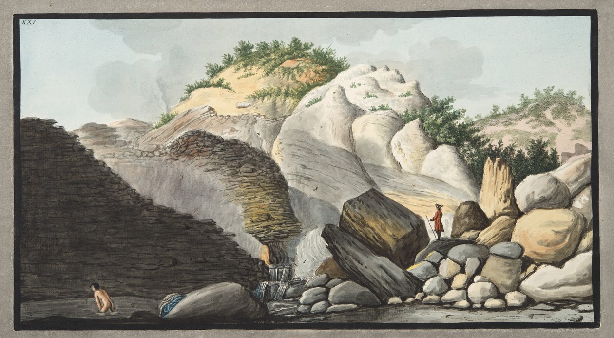 Pohled na horký pramen Pisciarelli z části Cone of the Solfaterra, deska XXI z „Campi Phlegraei: Pozorování sopek na dvou Sicílii“, od Sira Williama Hamiltona (1730-1803) od Pietro Fabris