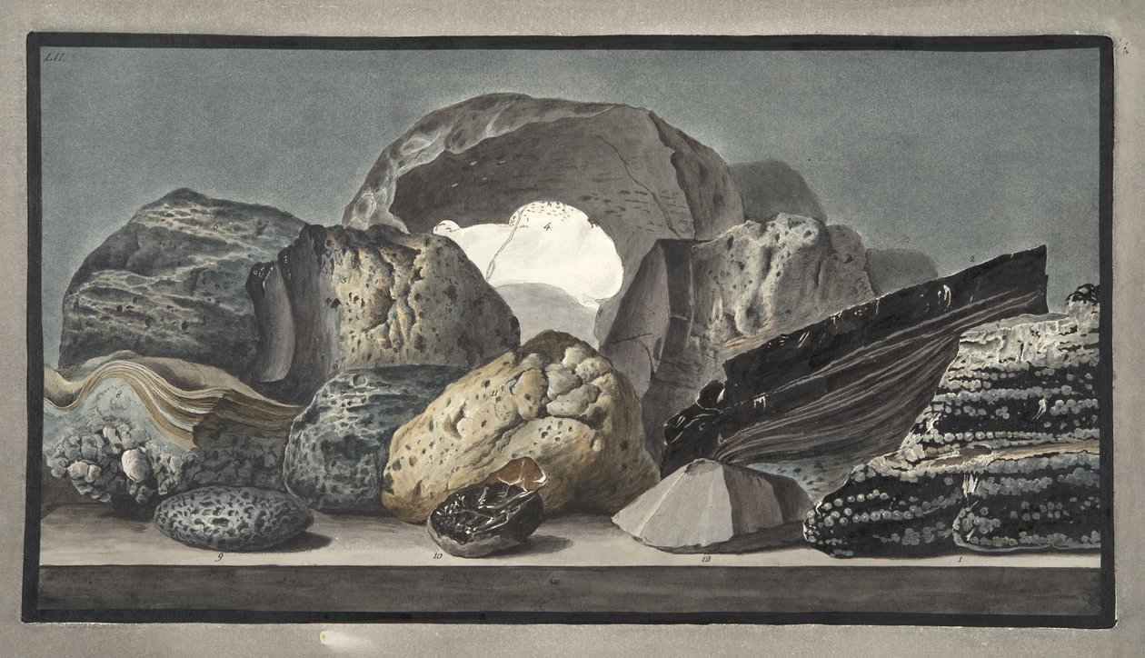 Vitrifikace a další sopečná produkce, Talíř LII, z „Campi Phlegraei: Pozorování sopek na dvou Sicíliích“, od Sira Williama Hamiltona (1730–1803), vydáno 1776 (ručně kolorováno od Pietro Fabris