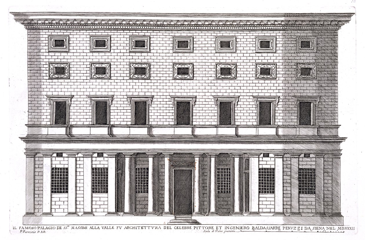 Pohled na průčelí Palazzo Massimi alla Valle, Řím navržený Baldassarre Peruzzi (1481-1536) v roce 1532 od Pietro Ferrerio