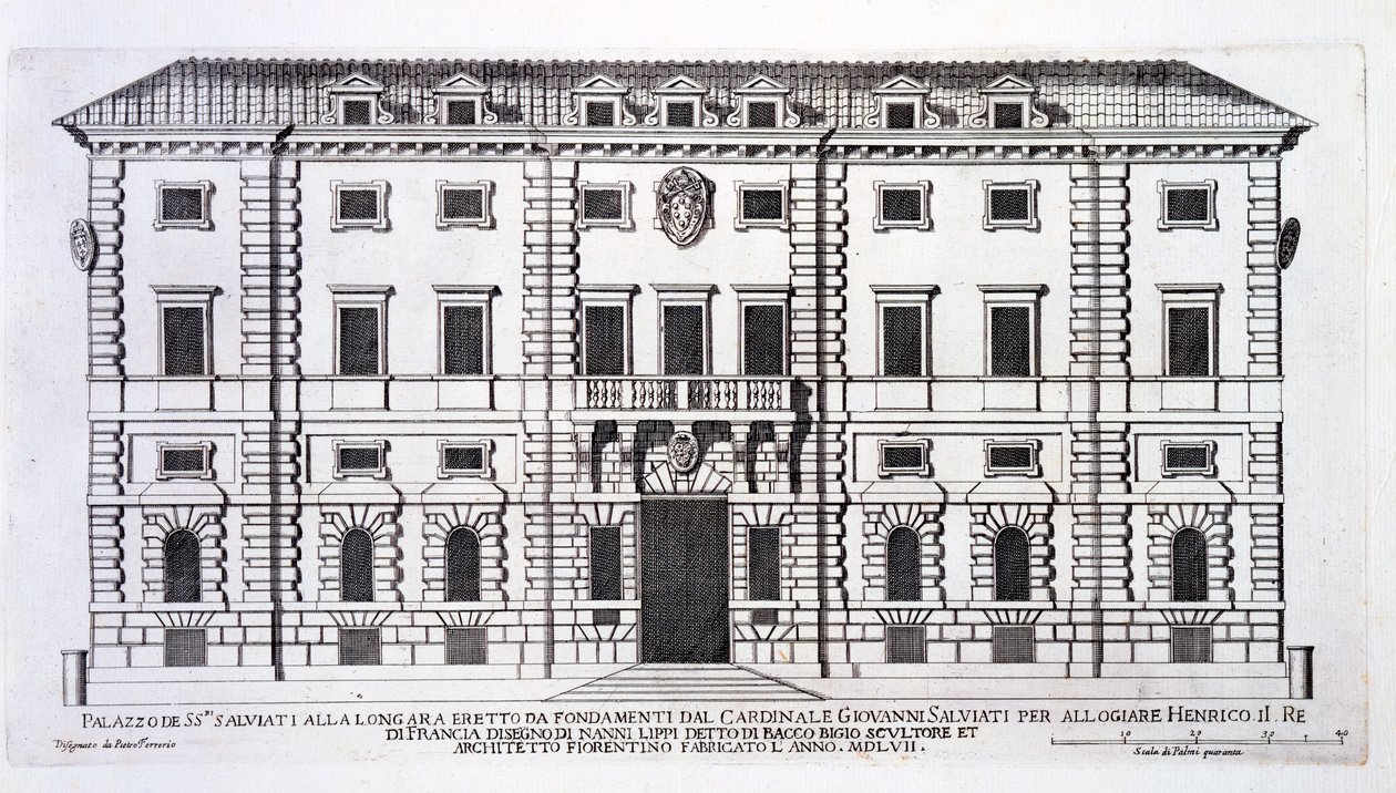 Pohled na fasádu Palazzo Salviati v Římě, kterou nechal kardinál Giovanni Salviati ubytovat Jindřicha, francouzského krále a navrhl Nanni di Baccio Bigio (d.c.1568) v roce 1557 od Pietro Ferrerio