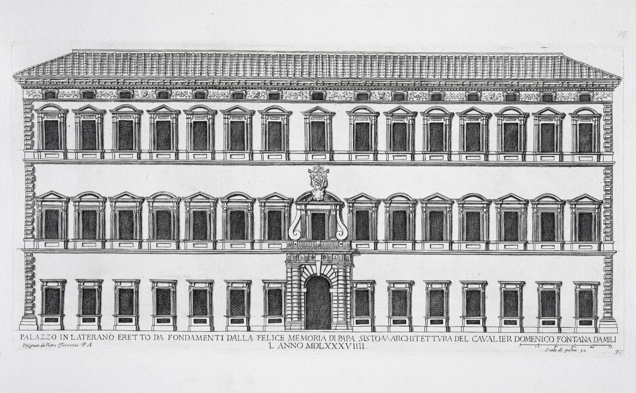 Pohled na průčelí Lateránského paláce, Řím, objednané papežem Sixtem V. a navržené Domenicem Fontanou (1543-1607) v roce 1589 od Pietro Ferrerio