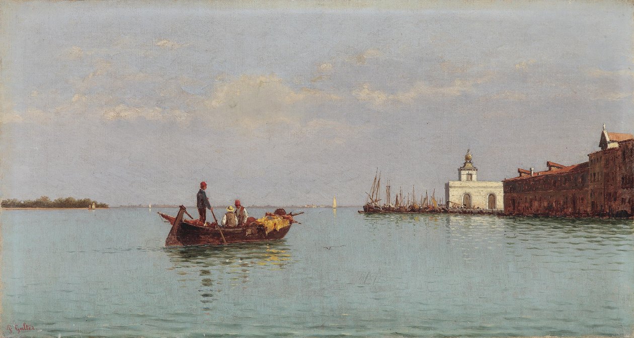 Pohled na Punta della Dogana s gondolou v popředí od Pietro Galter