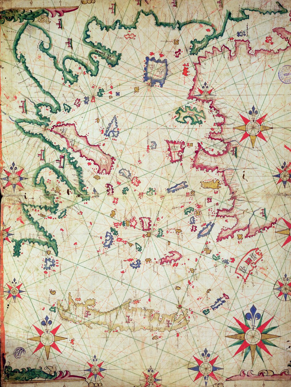 Egejské moře, z námořního atlasu, 1651 (inkoust na pergamenu) (viz také 330926-330927) od Pietro Giovanni Prunes