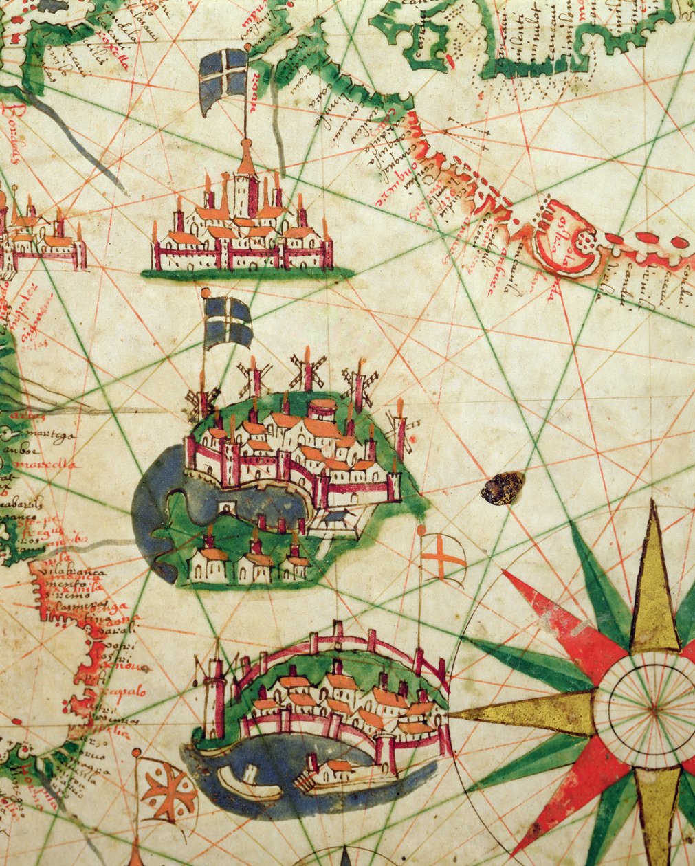 Města Marseille a Janov s jejich přístavy, z námořního atlasu, 1651 (inkoust na pergamenu) (detail z 330919) od Pietro Giovanni Prunes