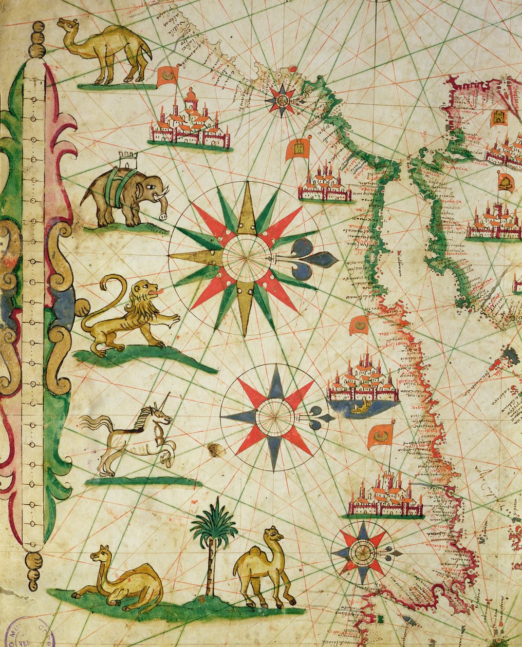 Pobřeží severní Afriky, z námořního atlasu, 1651 (inkoust na pergamenu) (detail z 330919) od Pietro Giovanni Prunes