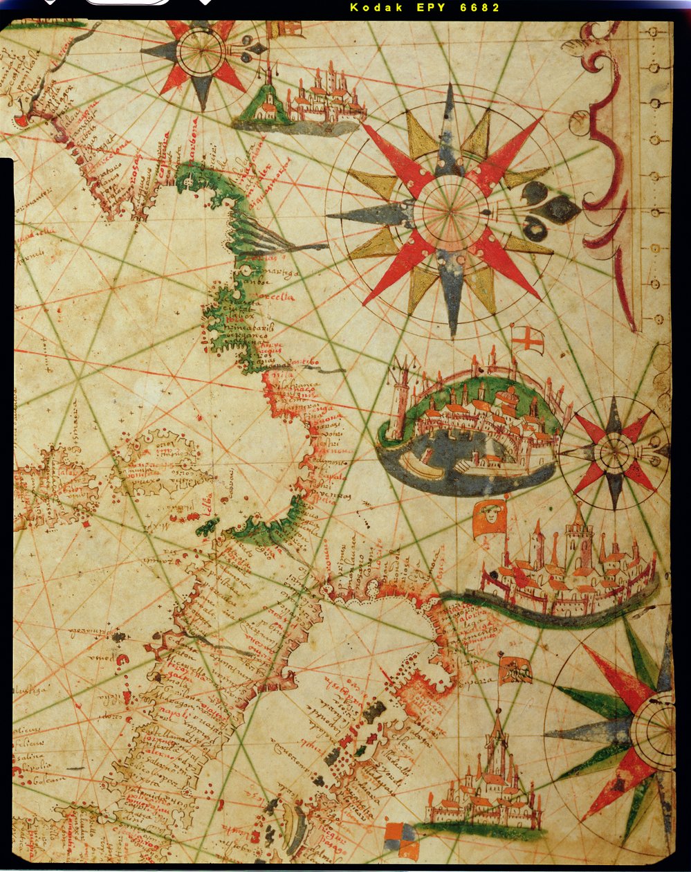 Jižní pobřeží Francie, Itálie a Dalmácie, z námořního atlasu, 1651 (inkoust na pergamenu) (detail z 330924) od Pietro Giovanni Prunes