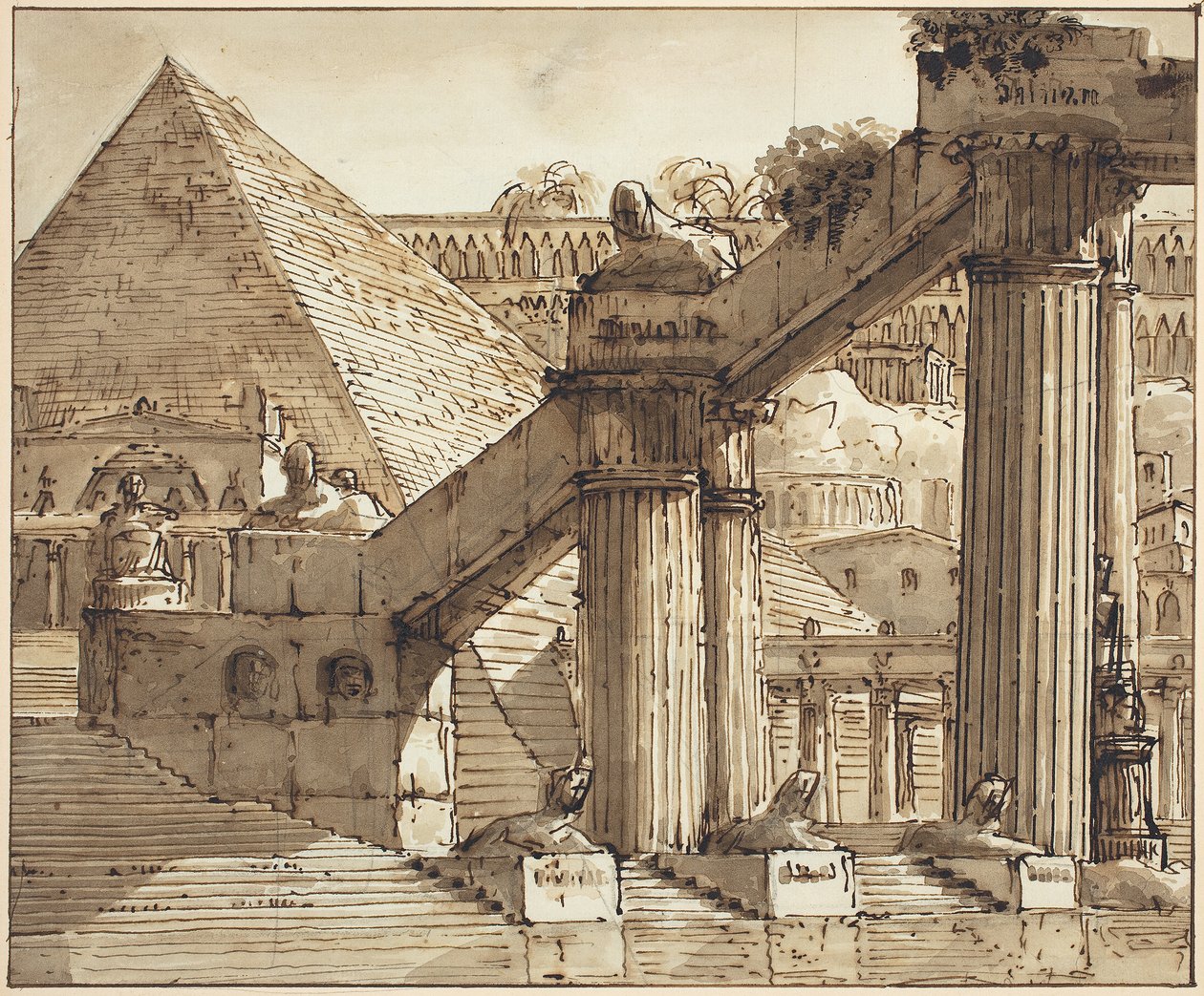 Egyptian Stage Design, 1800-10 (pero a hnědý inkoust s hnědým oplachem přes grafit na položený papír) od Pietro Gonzaga