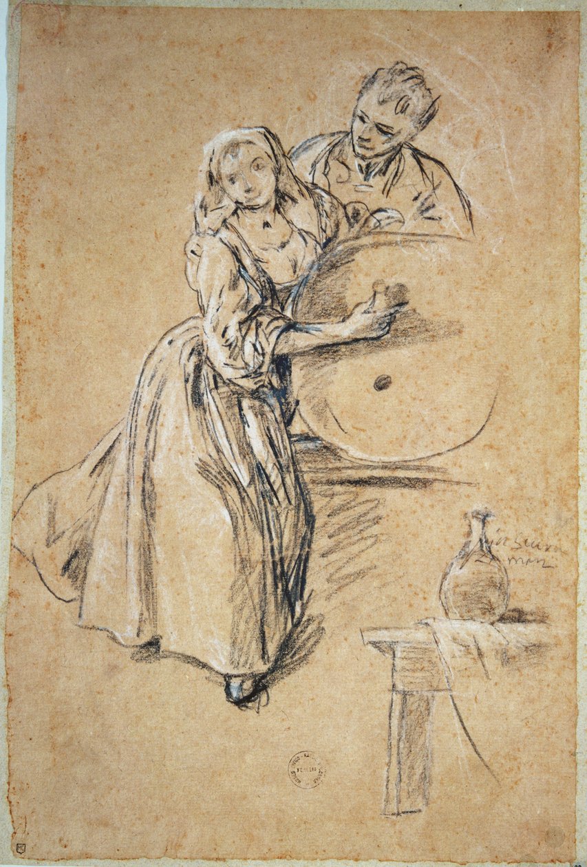 Nalévač vína s kartou Young Man (křída). od Pietro Longhi