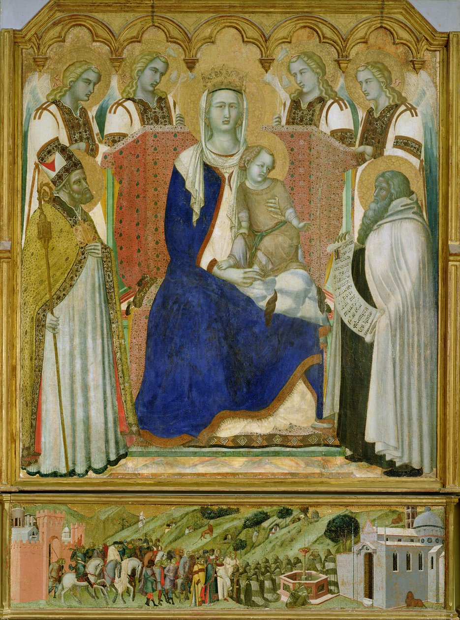 Karmínový oltář, centrální panel zobrazující Pannu s dítětem s anděly, sv. Mikuláše a proroka Eliáše, 1329 od Pietro Lorenzetti