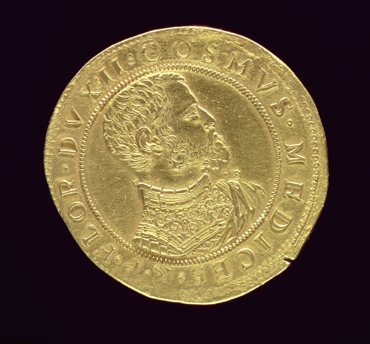 Líc mince Cosimo I (1519-74) v brnění (pozlaceno) Nápis: COSMVS MEDICES R P FLOR DVX II (reverz viz 119191) od Pietro Paolo Galeotti