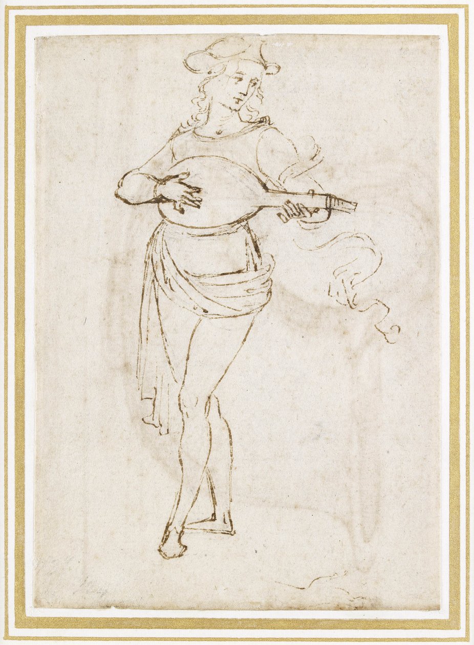 Lutista (pero a tmavě hnědý inkoust přes černou křídu na špinavě bílém papíře) od Pietro Perugino