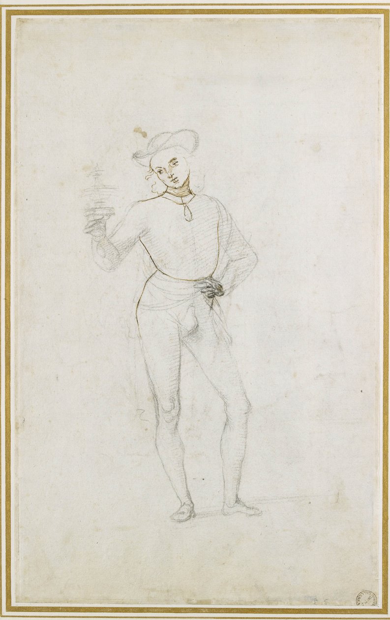 Studie pro postavu v Klanění tří králů (černá křída s perem a hnědým inkoustem na bílém papíře) od Pietro Perugino