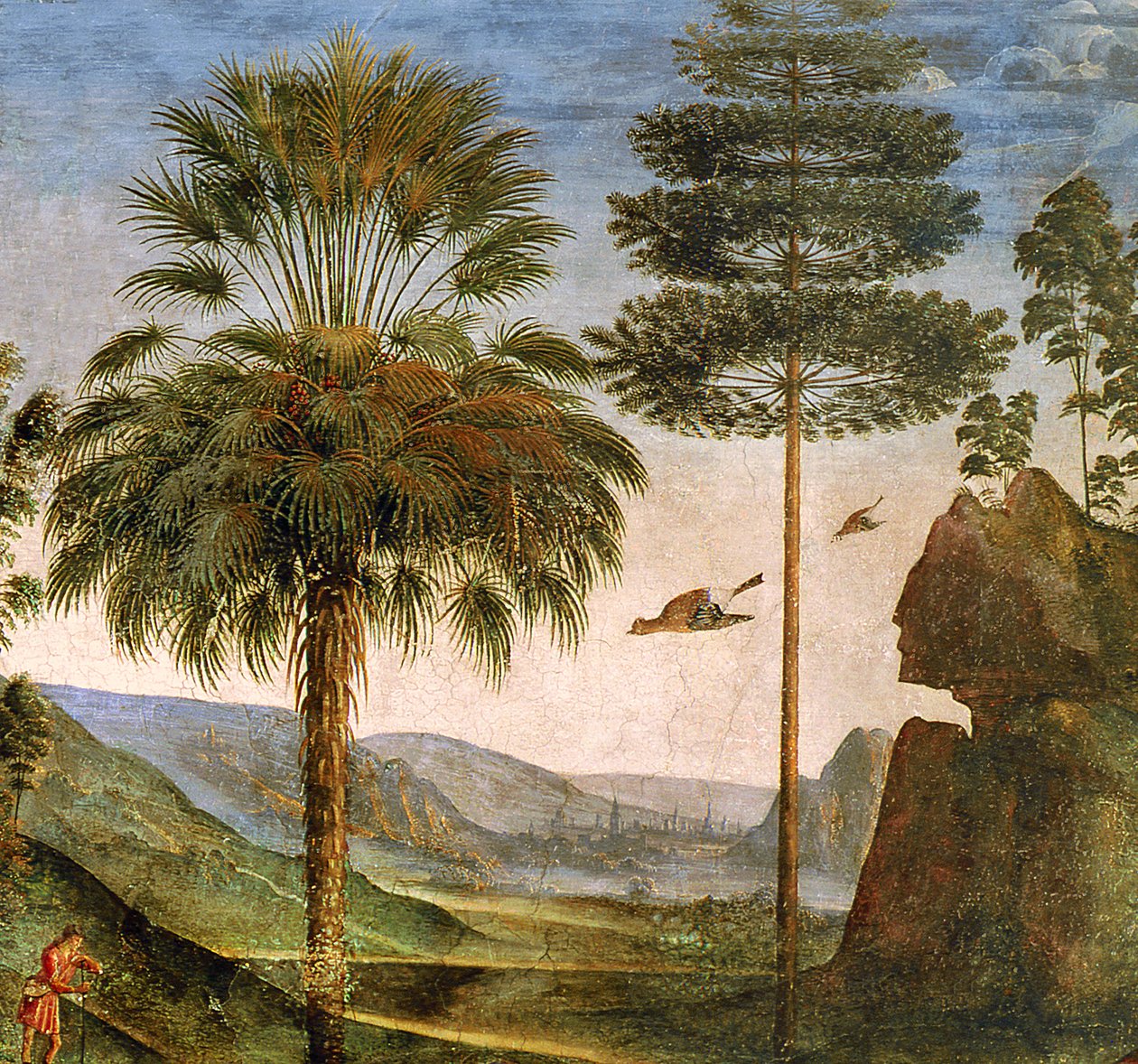 Muž opírající se o hůl, letící ptáci, stromy, skály, jezero a vzdálené město s věžemi, detail z "Mojžíšovy cesty", asi 1481-3 (detail z 218710) od Pietro Perugino