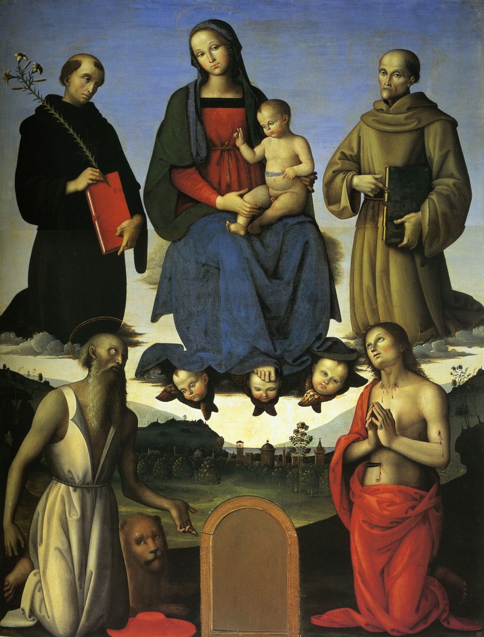 Oltářní obraz Tezi (Panna s dítětem, svatý Mikuláš z Tolentina a svatý Bernardino ze Sieny) od Pietro Perugino
