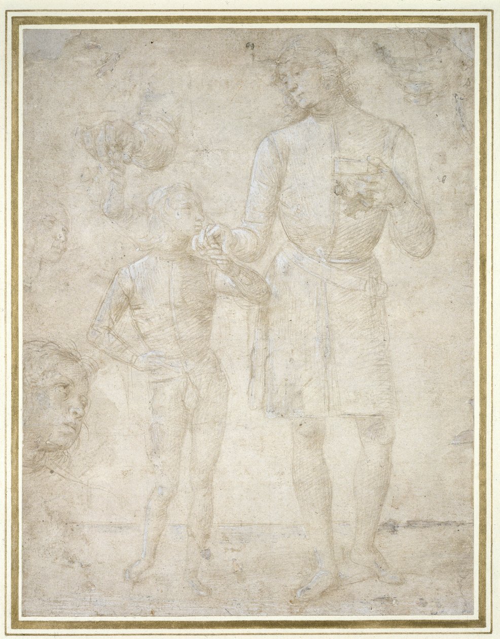 Studie pro Tobiáše a anděla (stříbrný bod, zvýrazněný bílou tělovou barvou (oxidovaný) na světle krémovém papíře) od Pietro Perugino