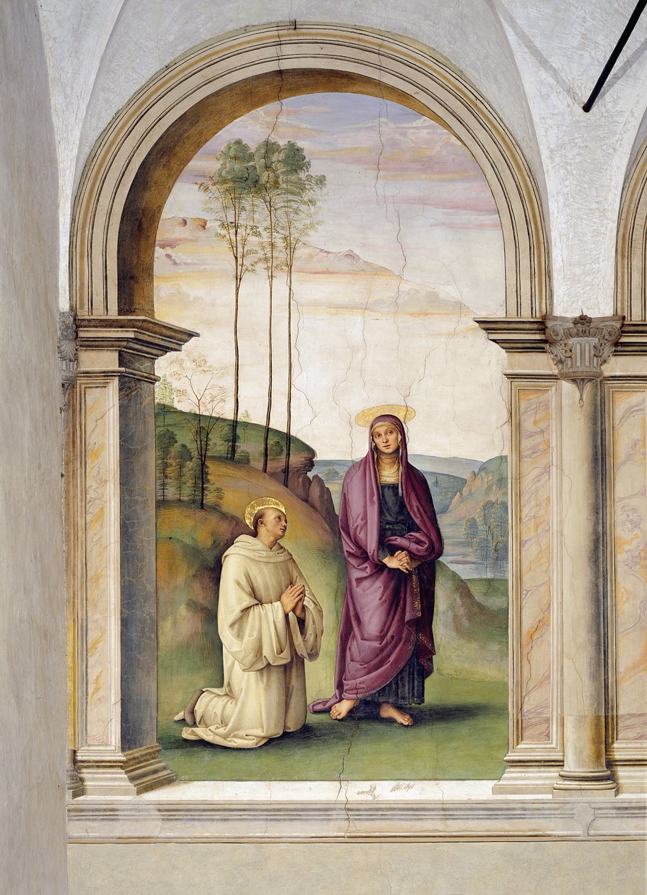 Ukřižování, detail sv. Bernarda a Máří Magdalény, 1494-96 detail fresky z 230578 od Pietro Perugino