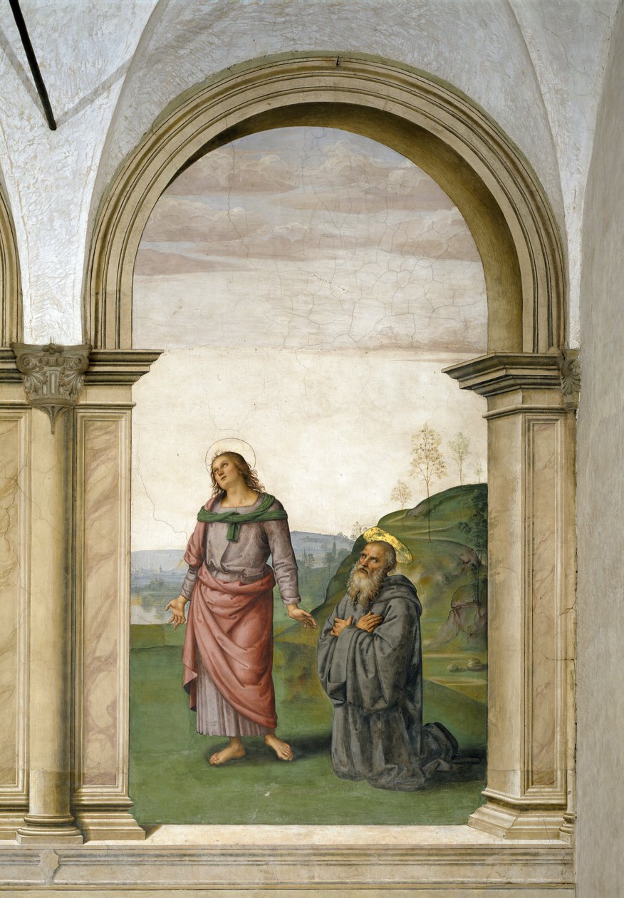 Ukřižování, detail sv. Jana Evangelisty a svatého Benedikta, 1494-96 detail fresky z 230578 od Pietro Perugino