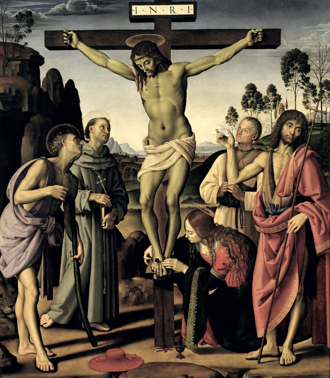Ukřižování se svatými Jeronýmem, Františkem, Marií Magdalenou, Janem Křtitelem a blahoslaveným Giovanni Colombinim, kolem 1480-1500 od Pietro Perugino