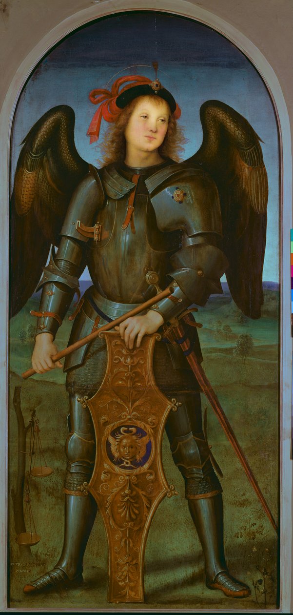 Panna a dítě s SS. Raphael a Michael: levý panel svatého Michaela, kolem roku 1499 (panel) od Pietro Perugino