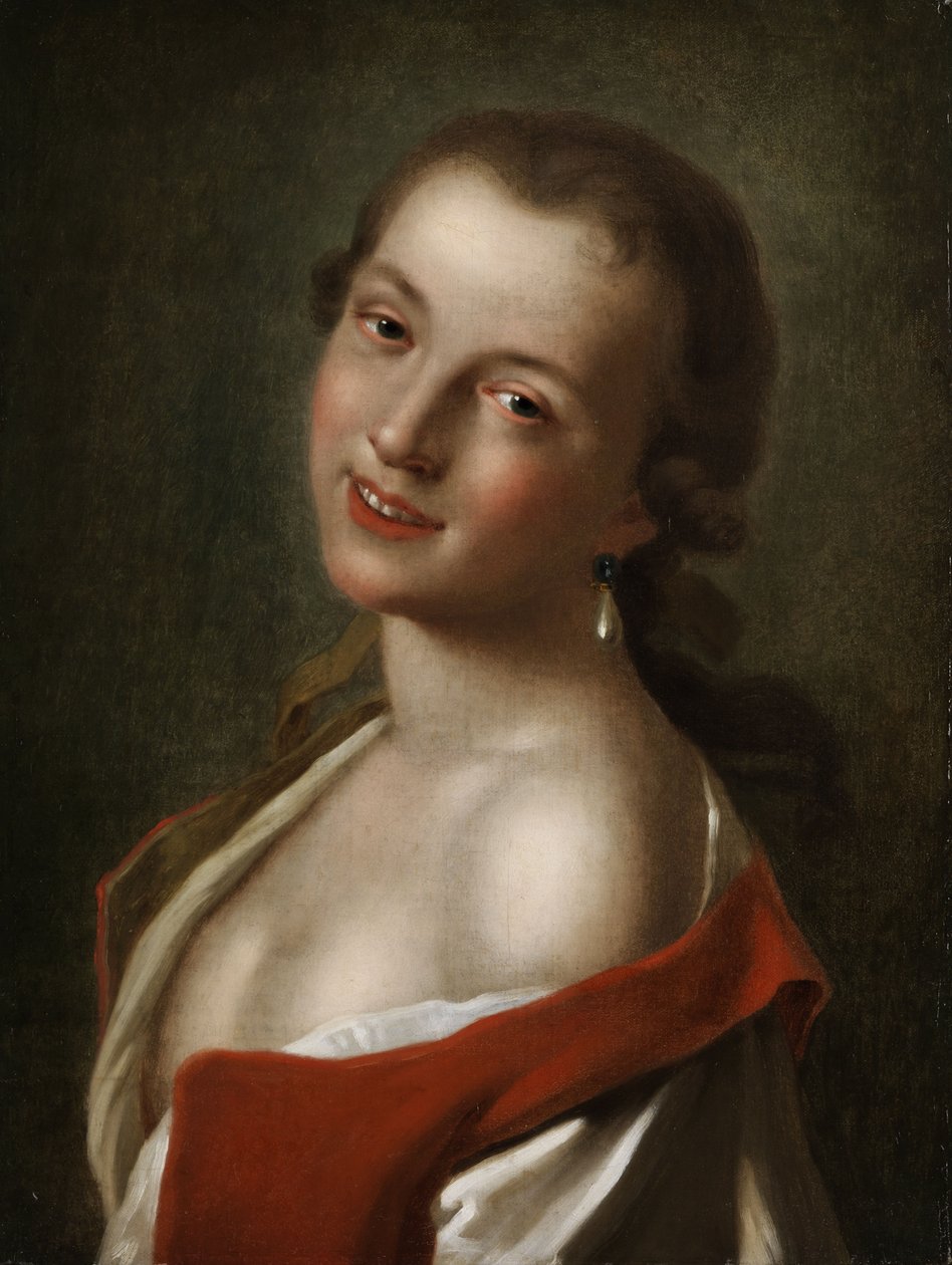 Poloviční portrét mladé usměvavé dívky s perlovou náušnicí ve tvaru slzy od Pietro Antonio Rotari