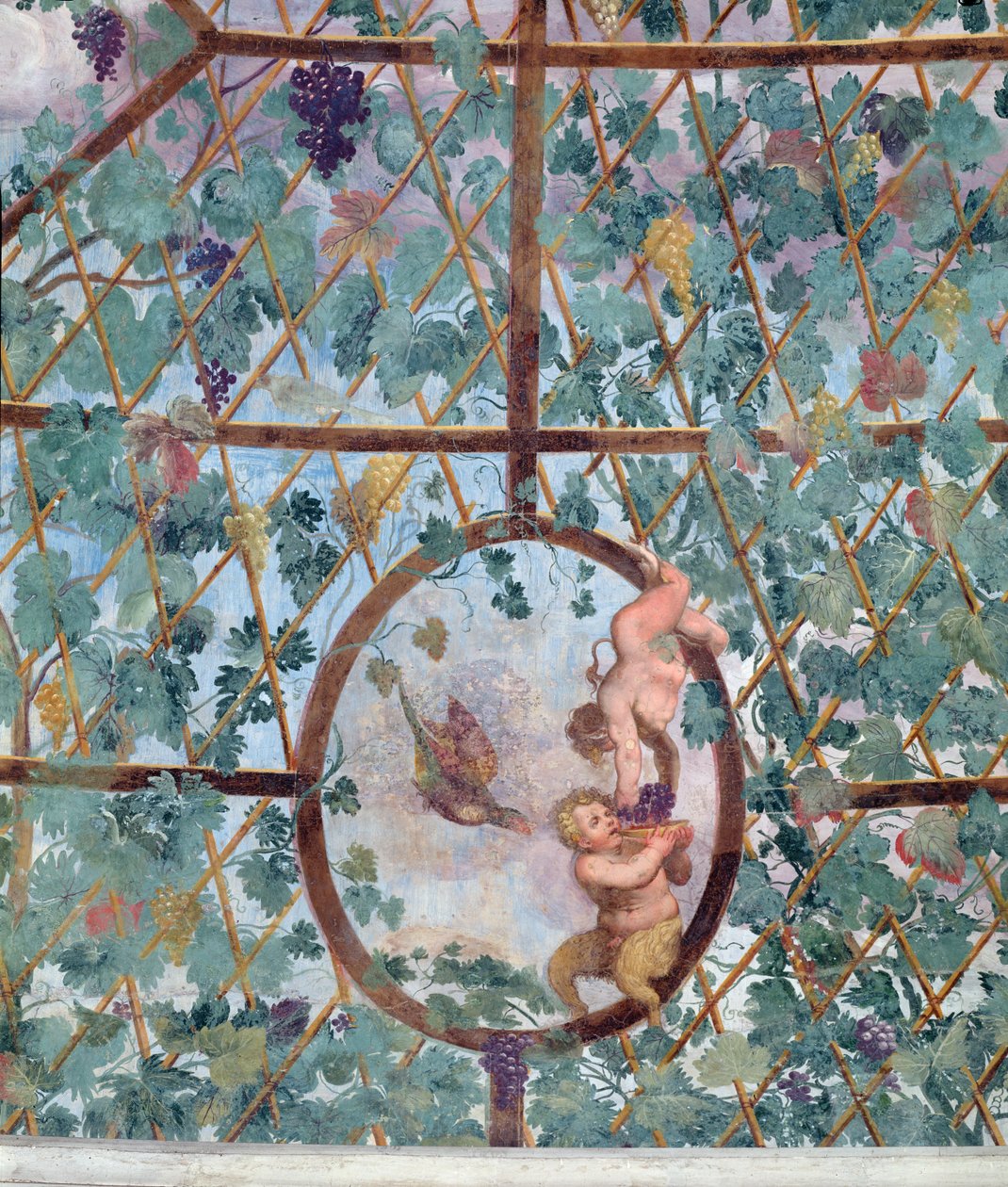 Půlkruhový iontový portikus, detail stropní klenby zobrazující putta krmícího mladého satyra hrozny, 1551-55 od Pietro Venale
