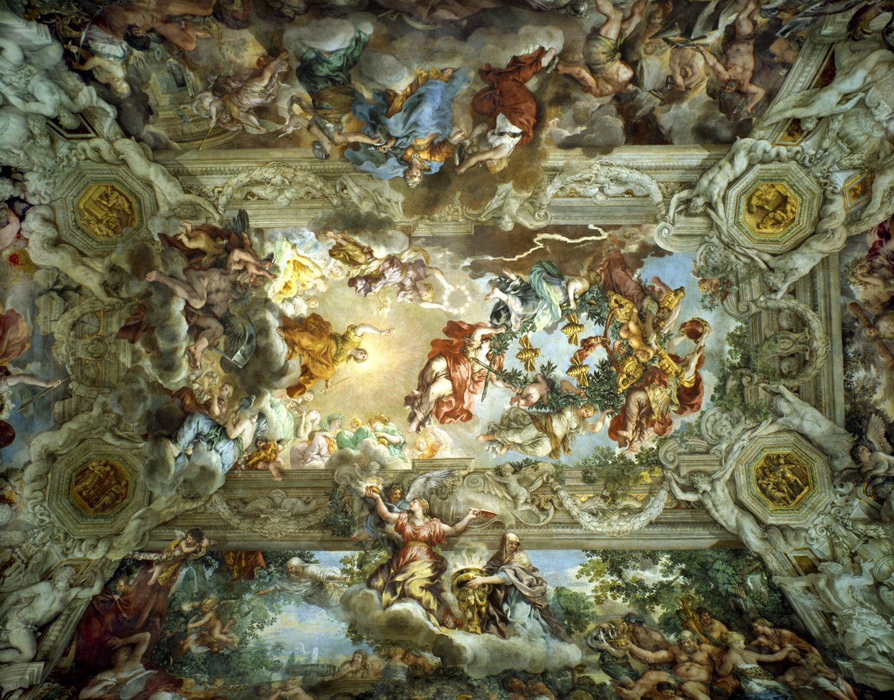 Alegorie Boží prozřetelnosti a moci Barberini, Strop sálu Palazzo Barberini, Řím, Itálie, 1633-39 od Pietro da Cortona
