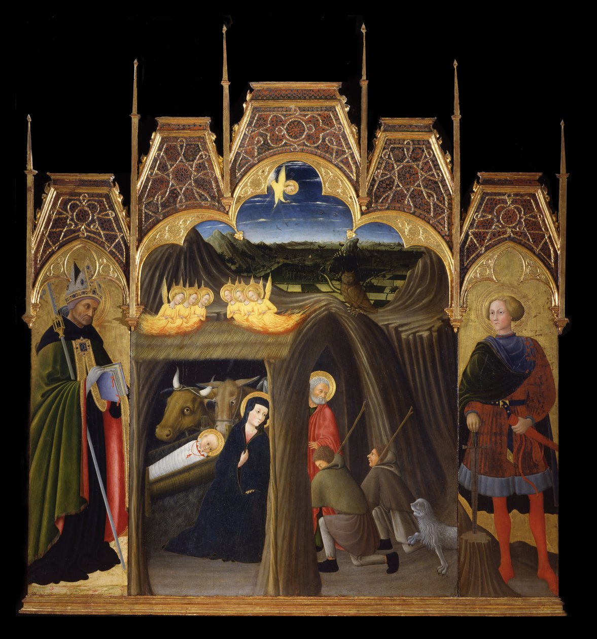 Klanění pastýřů mezi svatými Augustinem a Galganem od Pietro di Giovanni