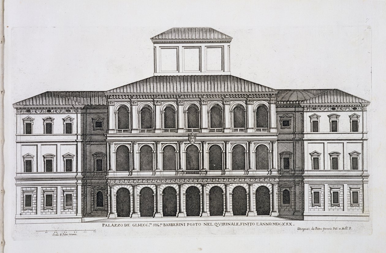 Palazzo Barberini na Quirinale, dokončeno 1630, z knihy "Palazzi di Roma", část I, vydáno 1655 od Pietro Ferrerio