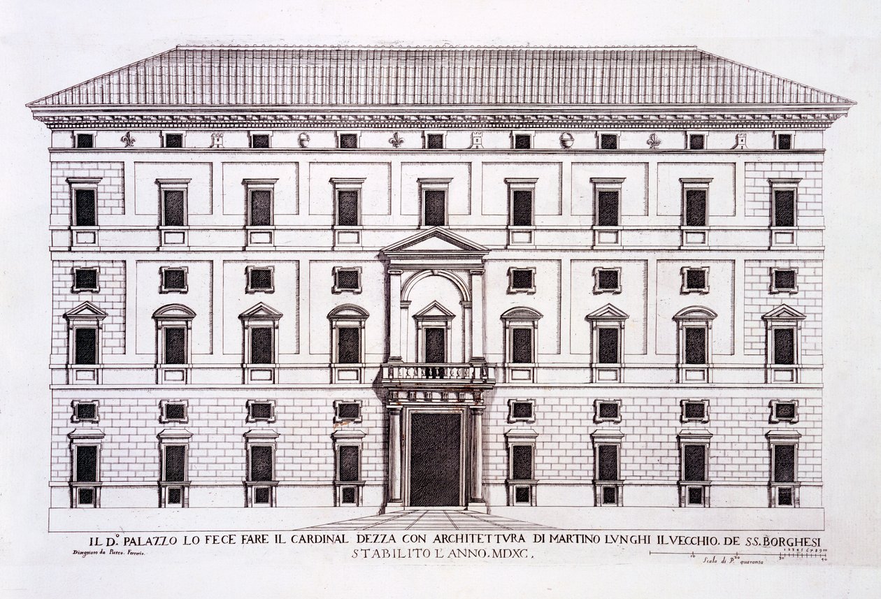 Palazzo Borghese, Řím, z knihy "Palazzi di Roma", část I, vydáno 1655 od Pietro Ferrerio