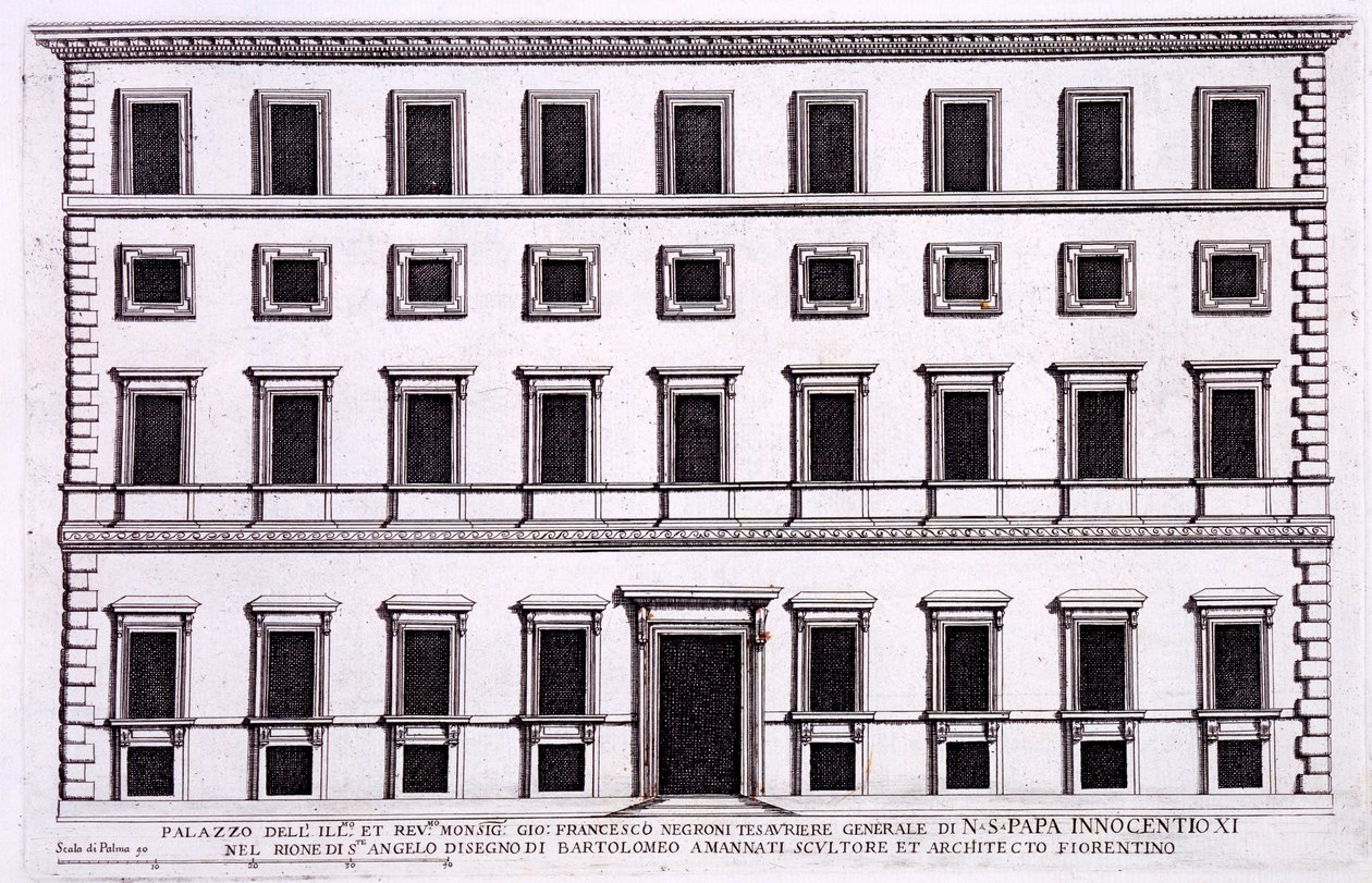 Palazzo Giovanni Francesco Negroni, pokladník papeže Inocence XI. (1611-89), Řím, z „Palazzi di Roma“, část I, vydáno 1655 od Pietro Ferrerio