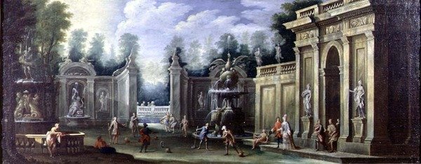 Architektonické capriccio s postavami od Pietro Paltronieri