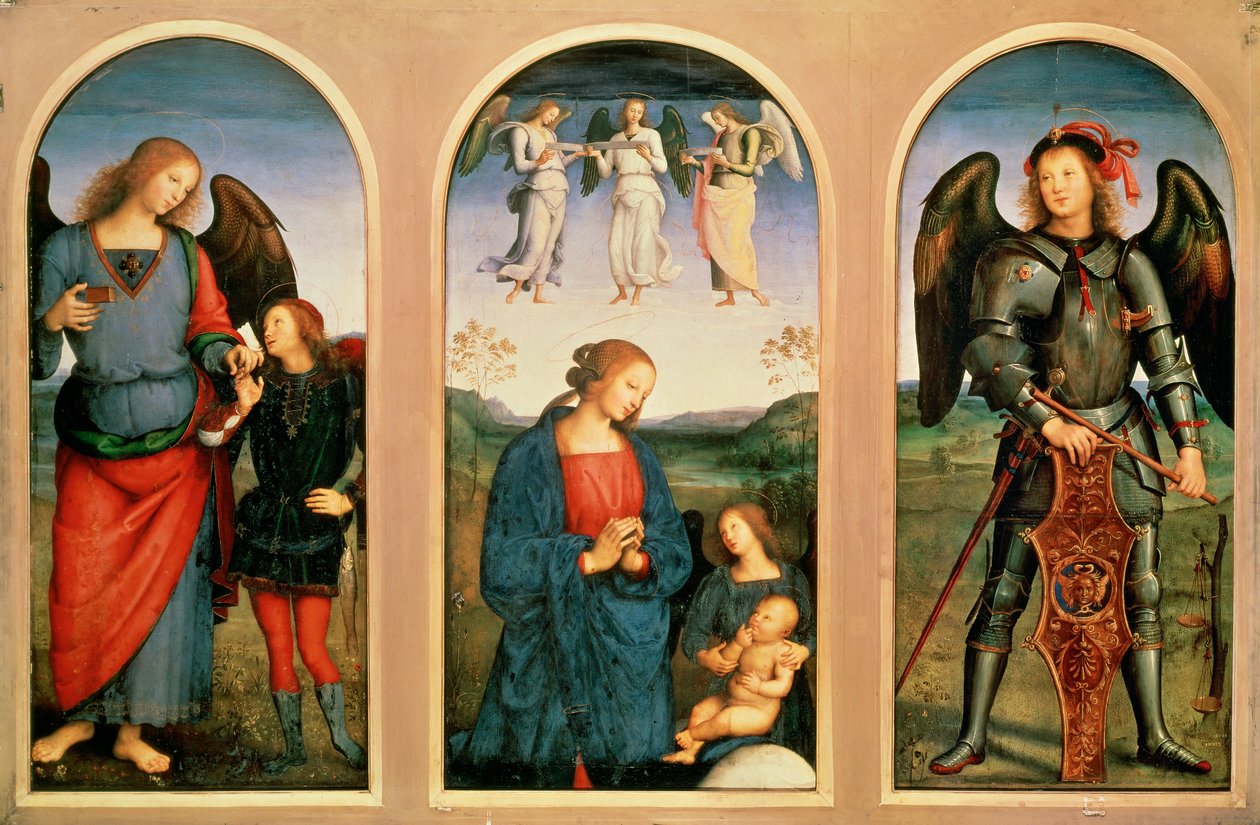 Panna s anděly, vlevo a vpravo Archanděl Rafael s mladým Tobiášem a rybou a Rafael... (malba na plátně) od Pietro (after) Perugino