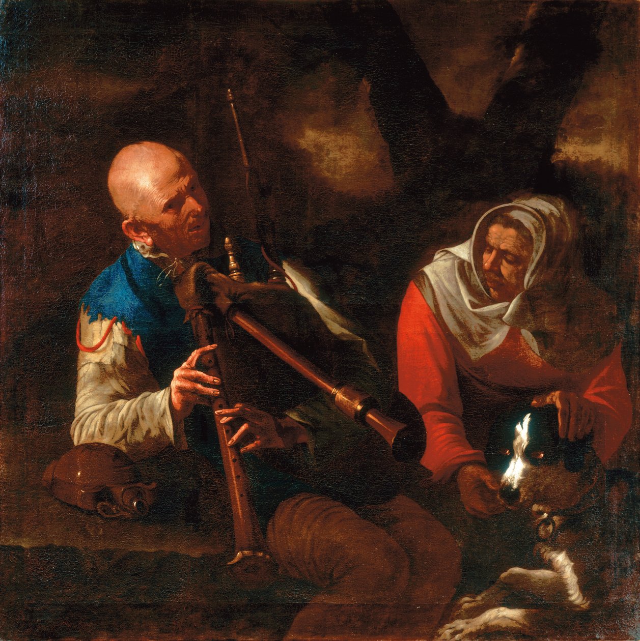 Rolník hrající na dudy a stará žena poslouchající se psem (olej na plátně) od Pietro (circle of) Paolini