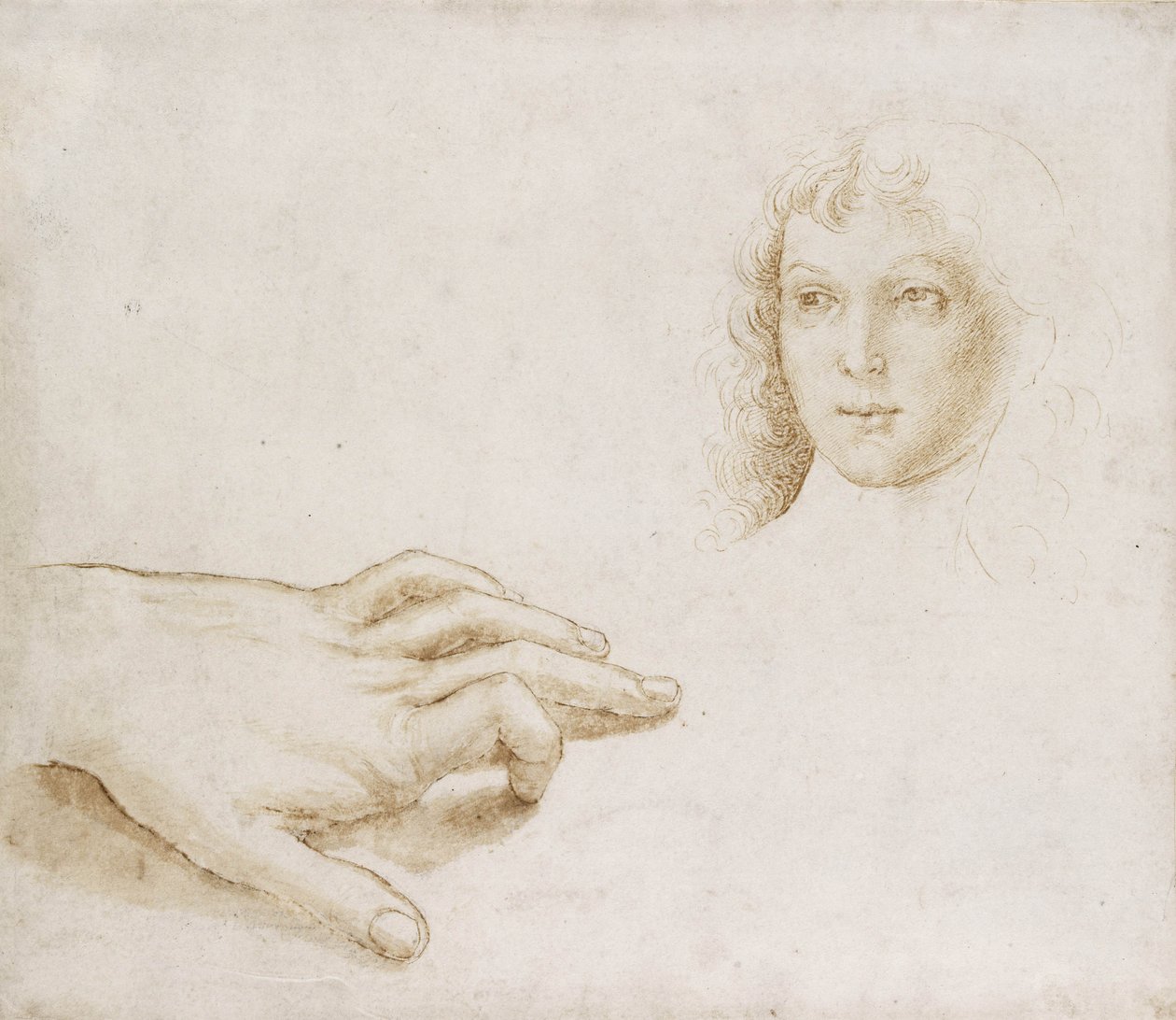 Studie hlavy a ruky (pero a štětec světle hnědým inkoustem přes kovovou jehlu na bílém papíře) od Pietro (circle of) Perugino