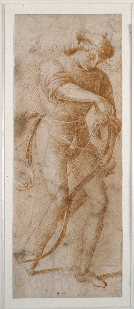 Mladý muž navléká luk (pero a hnědý inkoust na bílém papíře) od Pietro (follower of) Perugino