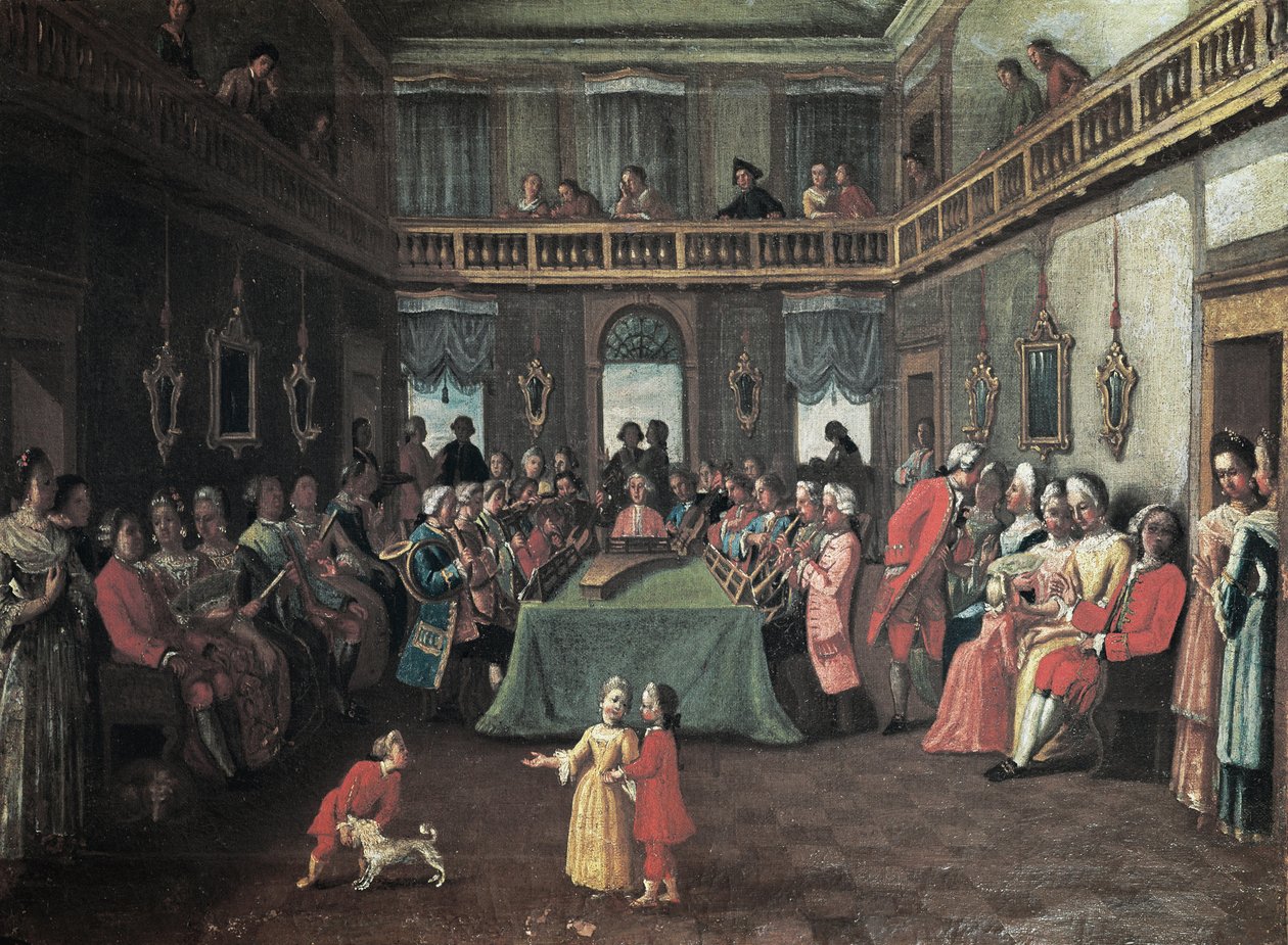 Koncert v soukromém domě - soukromý koncert v domě. Malba školy Pietra Longhiho od Pietro (school of) Longhi