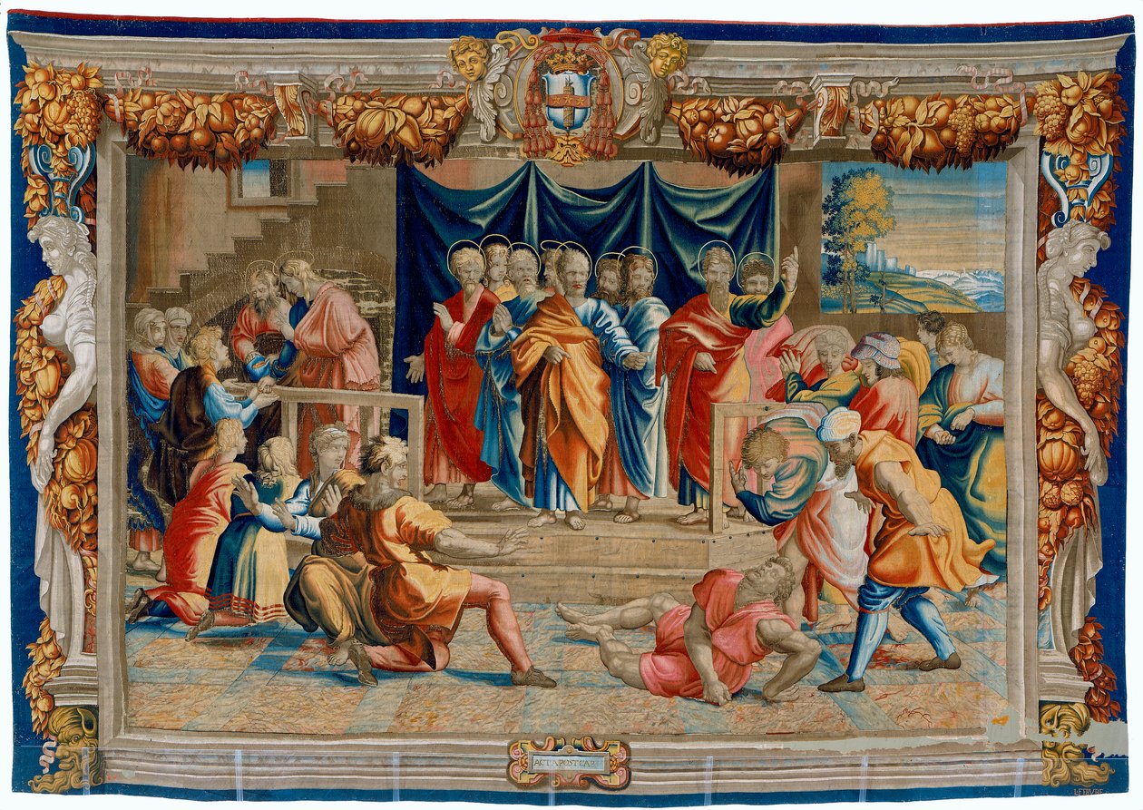 Tapiserie ze 17. století zobrazující Smrt Ananie od Pietro 1579 1669 Fevère