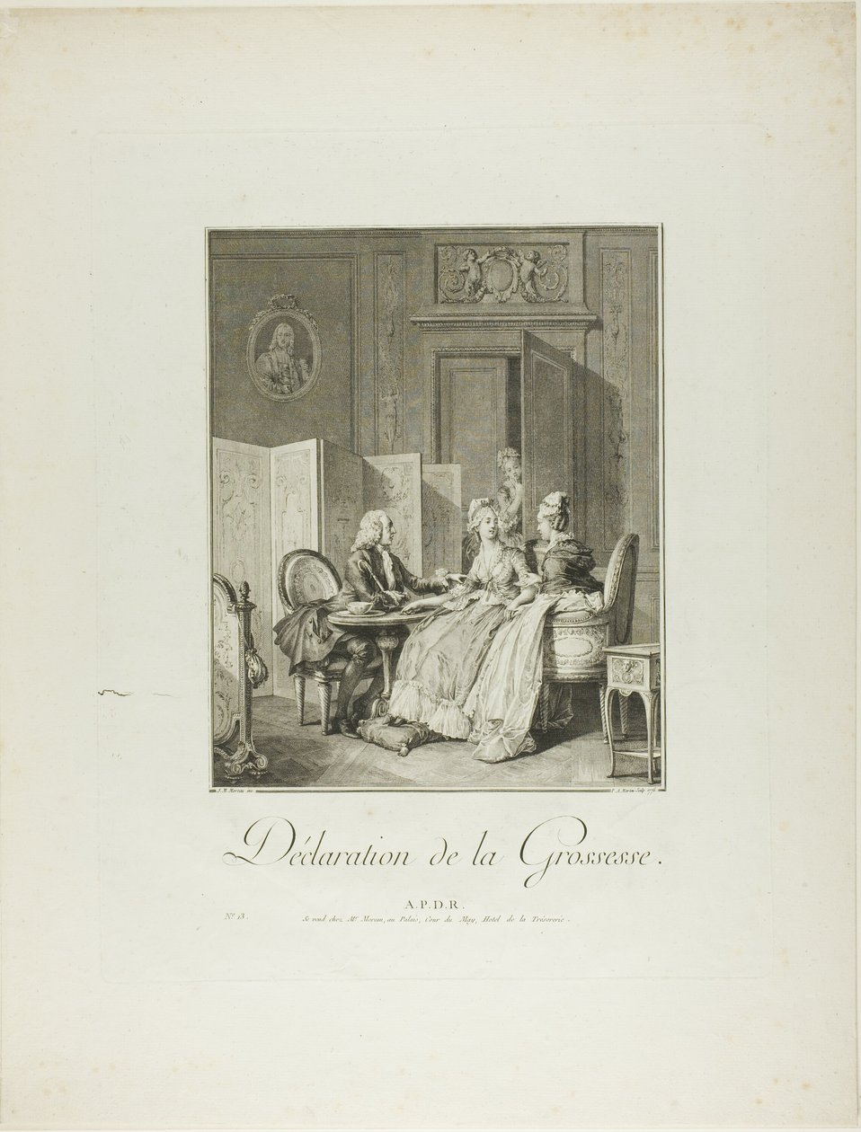 Oznámení o těhotenství, z Monument du Costume Physique et Moral de la fin du Dix-huitième siècle od Pietro Antonio Martini
