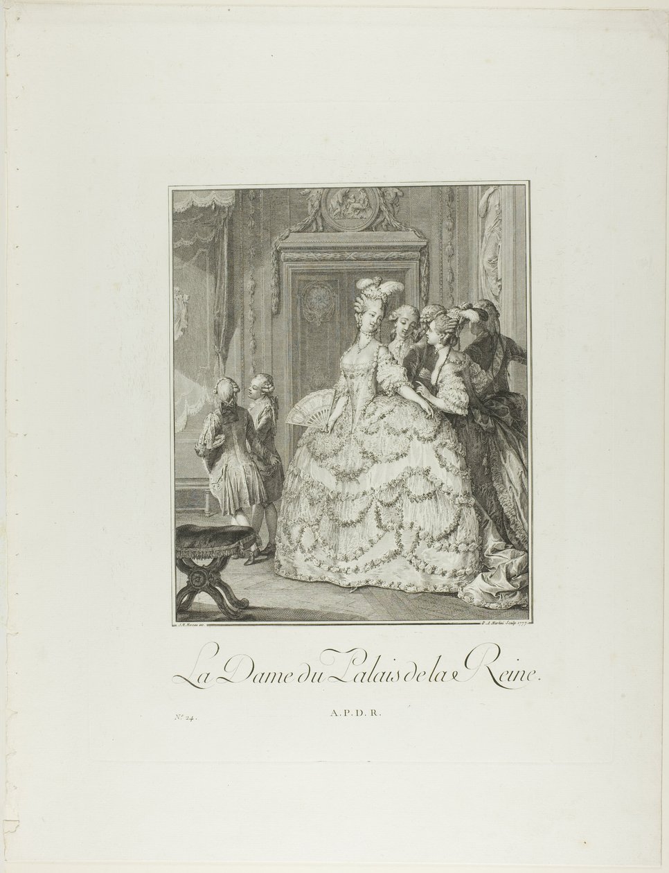 Královnina dvorní dáma z knihy Monument du Costume Physique et Moral de la fin du Dix-huitième siècle (Památník tělesného a mravního kostýmu konce šestého století) od Pietro Antonio Martini