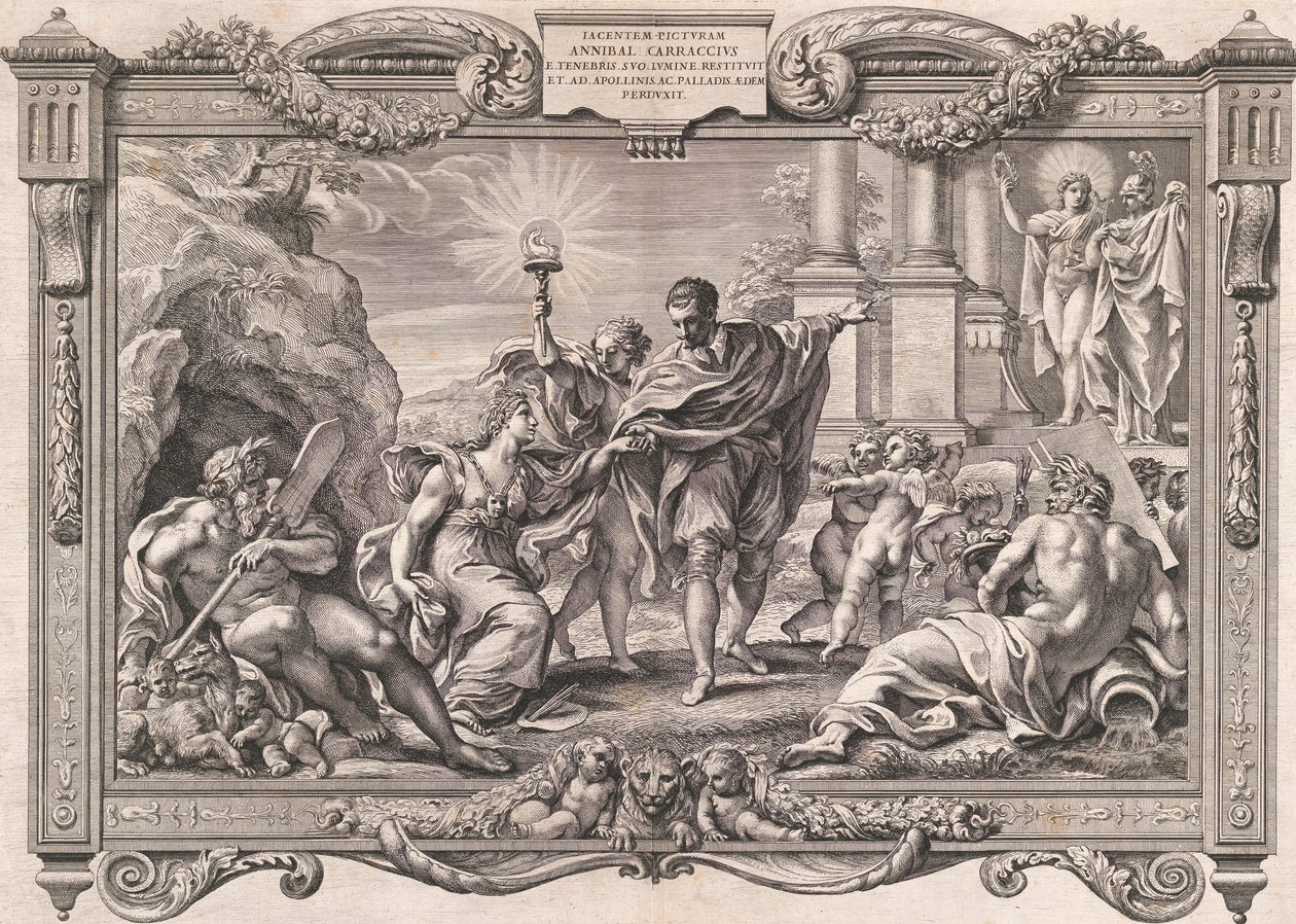 Annibale Carracci představuje malbu Apollónovi a Minervě, 1674. od Pietro Aquila