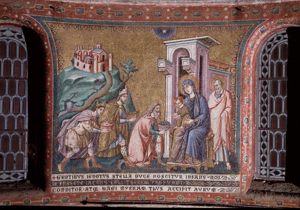 Klanění mozaikových králů apsidy Pietra Cavalliniho (aktivní kolem 1273-1330) konec 13. století (Klanění mágů, mozaika z apsidy od Pietra Cavalliniho, konec 13. století) Řím, kostel Santa Maria in Trastevere Itálie od Pietro Cavallini