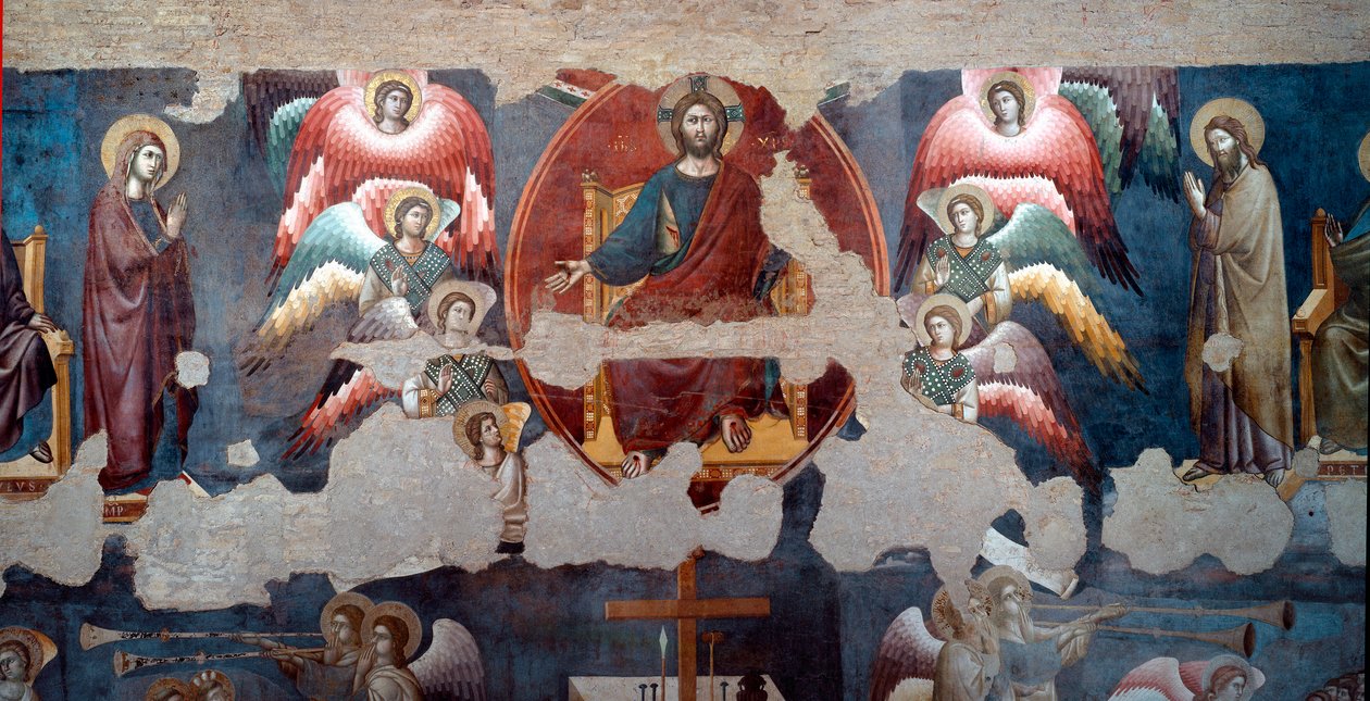 Poslední soud Kmenový Kristus obklopuje anděly. Detail. Freska od Pietra de Cerroni dit Cavallini (aktivní kolem 1273-1321) 1293 Řím, Santa Cecilia in Trastevere od Pietro Cavallini