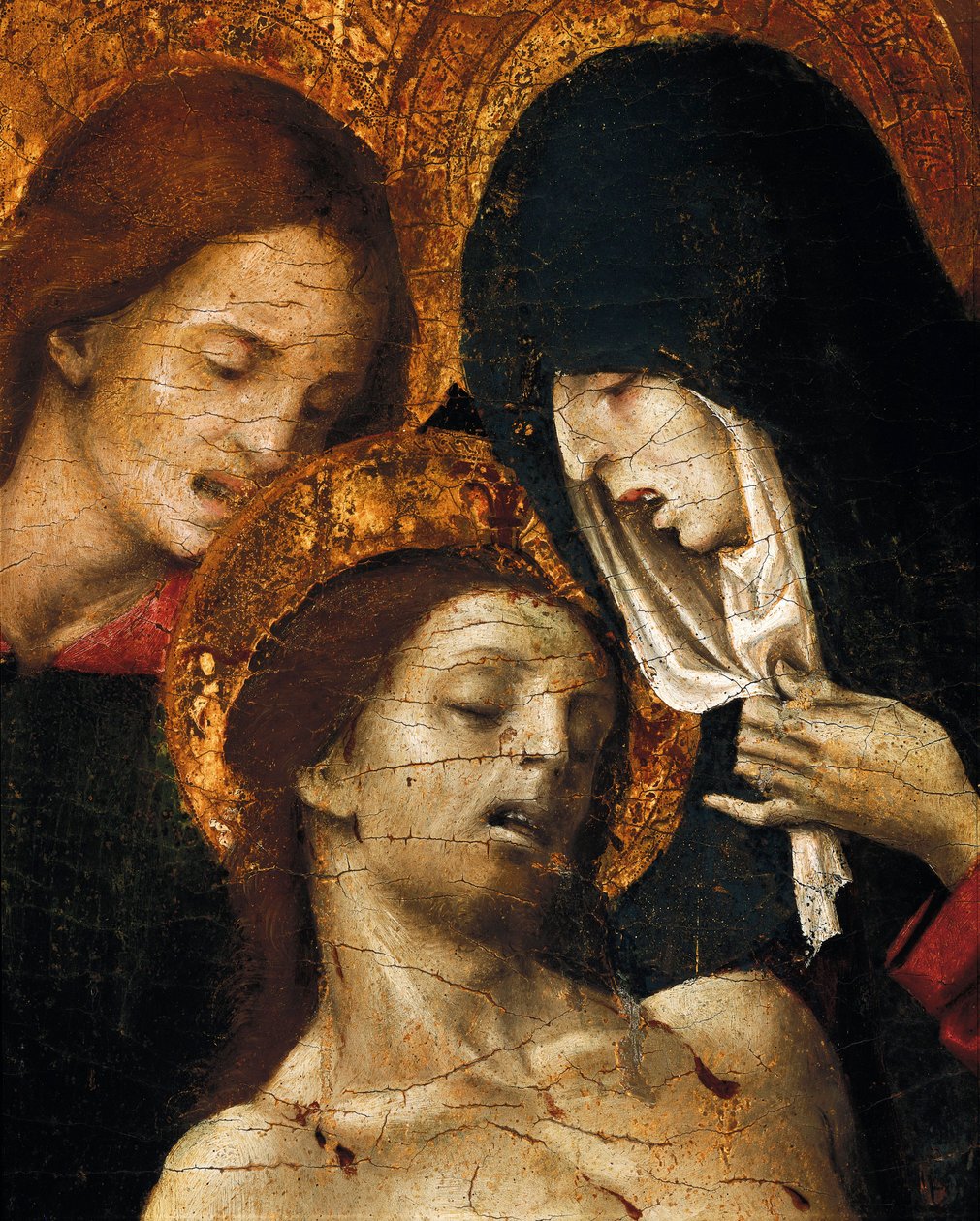Sestup z kříže (Deposizione), detail svatého Jana, Panny Marie a Krista, začátek 16. století (tempera na panelu) od Pietro Cavaro