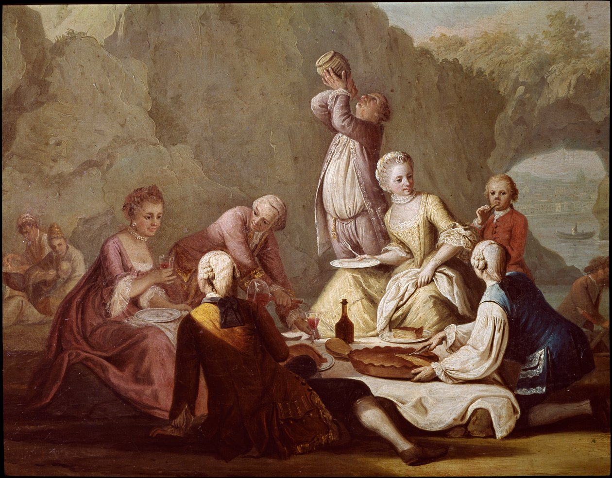Banketová scéna v Posillipu (Pausilippe) Neapol Detail piknikujících aristokratů - Banket v Posillipu - Detail aristokratů - Obraz od Pietra Fabrise Museo Nazionale di San Martino Neapol z 18. století od Pietro Fabris