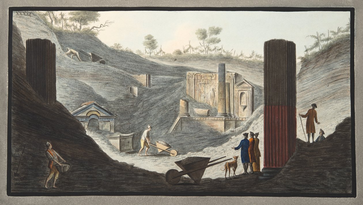 Rané vykopávky v Herculaneu, ve kterých byl sir William aktivní s podporou panovníků, z „Campi Phlegraei: Pozorování na sopkách dvou Sicílie“ od Williama Hamiltona, 1776 od Pietro Fabris