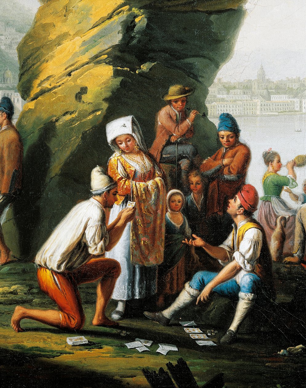 Scéna každodenního života v jeskyni Posillipo, muži hrající karty, Pietro Fabris (aktivní 1768-1778), olej na plátně, detail od Pietro Fabris