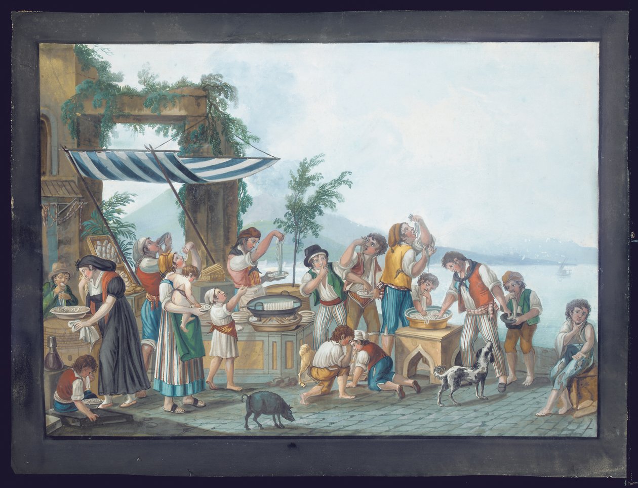 Jedlíci špaget v Neapolském zálivu, Vesuv v pozadí (kvaš na papíře) od Pietro Fabris