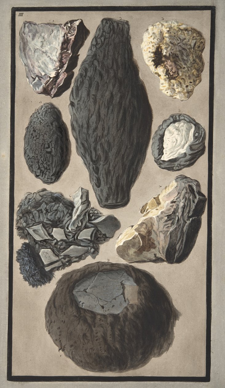 Vzorky vulkanické hmoty, z „Campi Phlegraei: Pozorování sopek na dvou Sicíliích“, od Sira Williama Hamiltona (1730-1803), vydáno 1776 (ručně kolorovaná rytina) od Pietro Fabris